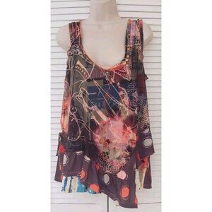 CHRISTINE PHILLIPPE SLEEVELESS COLORFULL CHIFFON SHEER WRAPED FRONT TOP SZ L